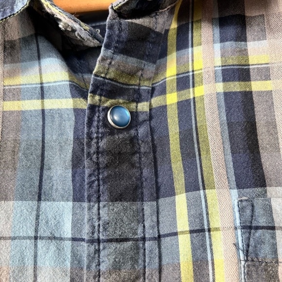 Prana cotton blue plaid button up shirt, Med, blue iridescent snaps, Western - Picture 3 of 8